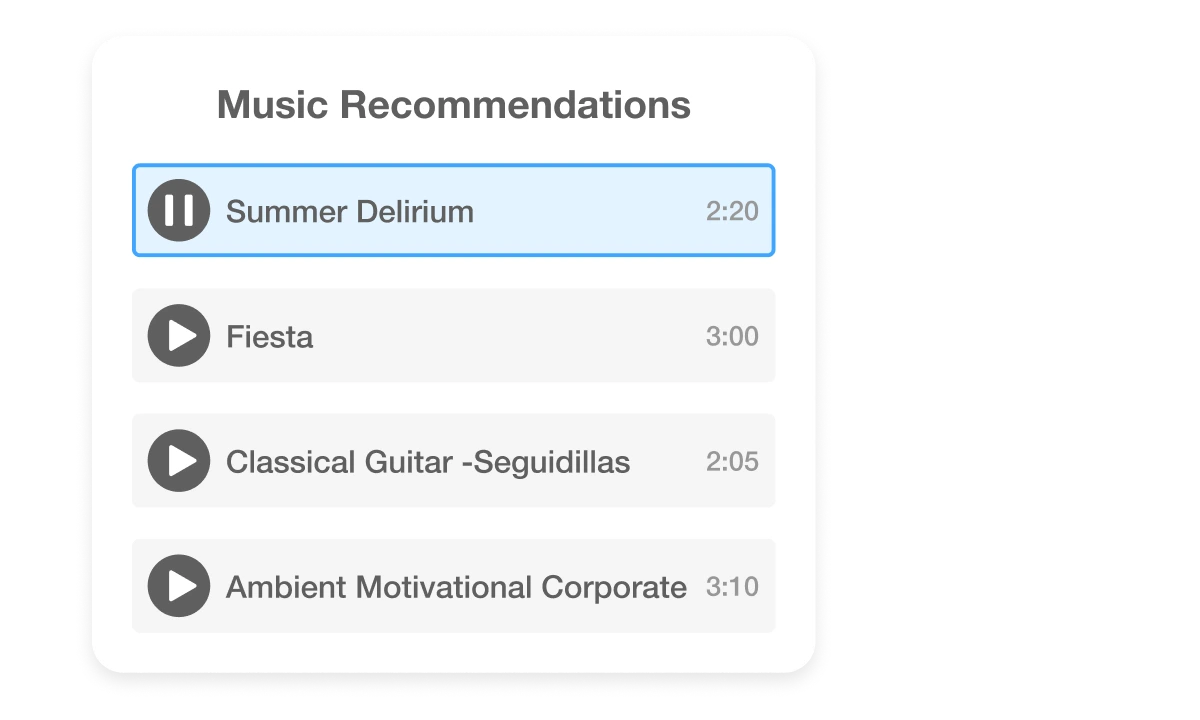 AI Video Editor providing music recommendations to match the mood of your video project with background track options.